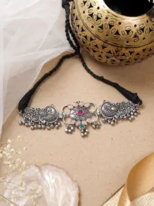 TEEJH Silver-Toned & Pink Brass Oxidised Necklace