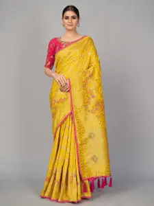 MONJOLIKA FASHION Yellow & Pink Woven Design Zari Silk Blend Banarasi Saree