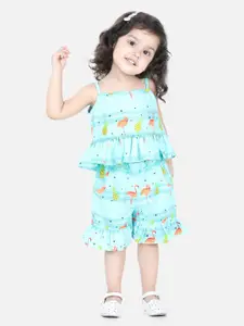 BownBee Girls Blue Printed Top with Shorts