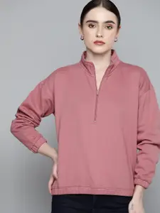 Chemistry Women Pink Solid Half Zipped Drop Shoulder Fleece Sweatshirt