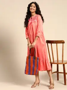 Sangria Peach-Coloured Ethnic Motifs Embroidered A-Line Midi Dress