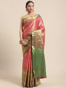 Silk Land Pink & Green Ethnic Motifs Zari Banarasi Saree
