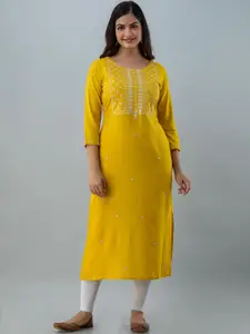 KIMAYRA Women Yellow Embroidered Keyhole Neck Kurta