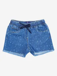 KiddoPanti Girls Blue Printed Denim Shorts