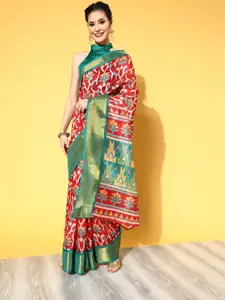Saree mall Red & Sea Green Floral Zari Linen Blend Pochampally Sarees