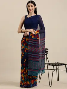 Shaily Navy Blue & Mustard Yellow Abstract Print Saree With Unstitched Blouse