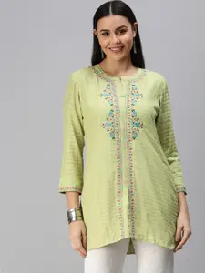 ETIQUETTE Green & Blue Striped Floral Embroidered Kurti