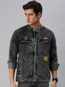 VOXATI Men Grey Checked Longline Bomber Jacket