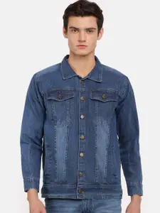 VOXATI Men Blue Washed Denim Jacket with Patchwork
