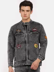 VOXATI Men Grey Washed Crop Denim Jacket