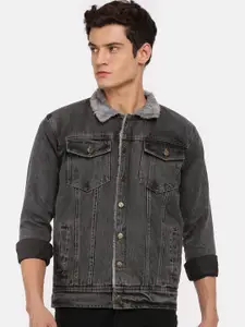 VOXATI Men Grey Washed Denim Jacket with Embroidered