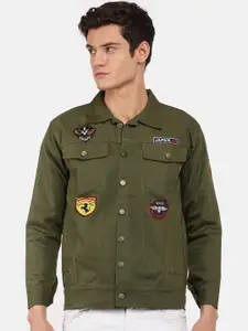 VOXATI Men Olive Green Crop Bomber with Patchwork Jacket