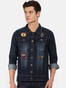VOXATI Men Blue Washed Denim Jacket with Patchwork