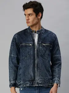 VOXATI Men Blue Washed Longline Denim Jacket with Patchwork