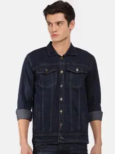 VOXATI Men Blue Washed Checked Longline Denim Jacket with Embroidered