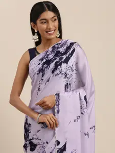 Shaily Lavender & Navy Blue Floral Satin Saree