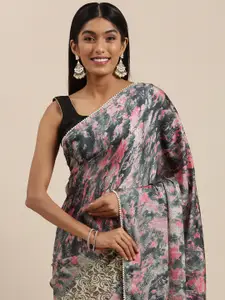 Shaily Navy Blue & Pink Floral Beads and Stones Satin Saree