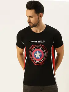 VEIRDO Men Black Captain America Printed Raw Edge T-shirt