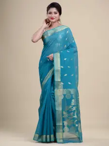 Laa Calcutta Green & Gold-Toned Woven Design Zari Silk Cotton Jamdani Saree