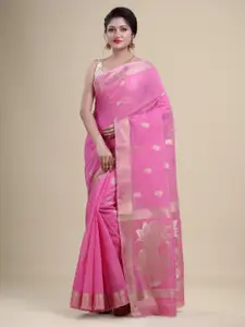 Laa Calcutta Pink & Gold-Toned Woven Design Zari Silk Cotton Jamdani Saree