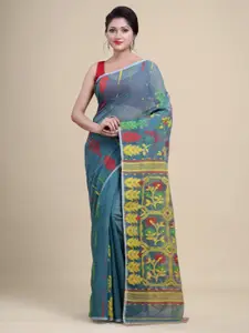 Laa Calcutta Green & Yellow Woven Design Silk Cotton Jamdani Saree