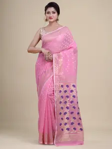 Laa Calcutta Pink & Blue Woven Design Zari Silk Cotton Jamdani Saree