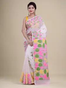 Laa Calcutta Laa Calcutta White & Pink Woven Design Zari Silk Cotton Jamdani Saree