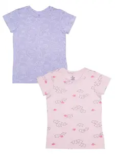 KiddoPanti Girls Purple 2 Printed Extended Sleeves T-shirt