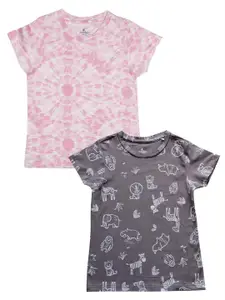 KiddoPanti Girls Pink 2 Printed Extended Sleeves T-shirt