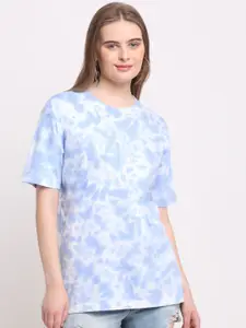 Ennoble Women Blue & White Tie and Dye Dyed Drop-Shoulder Sleeves T-shirt