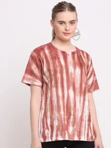 Ennoble Women Brown & White Tie and Dye Dyed T-shirt