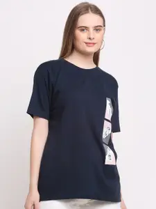 Ennoble Women Navy Blue Drop-Shoulder Sleeves T-shirt