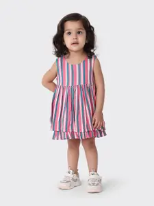 Fabindia Kids-Girls Pink & Green Striped Frock Dress