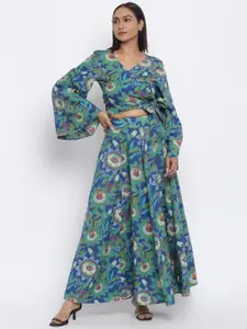 Fabindia Women Blue Printed Top with Skirt