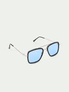 FUZOKU Men Blue Lens & Silver-Toned Square Sunglasses with UV Protected Lens
