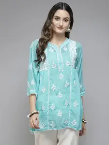 ADA Blue & White Ethnic Motifs Embroidered Chikankari Handloom Kurti With Slip