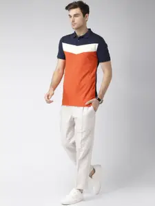 INVICTUS Men Orange  Navy Colourblocked Polo Collar Pure Cotton T-shirt