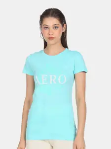 Aeropostale Women Turquoise Blue Typography Printed Pure Cotton T-shirt