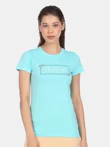 Aeropostale Women Blue Typography Printed T-shirt 100% Cotton