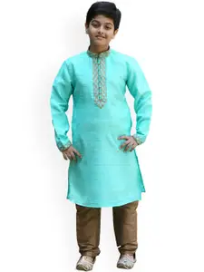 Manyavar Boys Turquoise Blue Yoke Design Kurta with Pyjamas