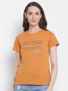 Cantabil Women Mustard Yellow Typography Printed Cotton T-shirt