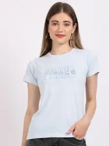 Cantabil Women Blue Typography Cotton T-shirt