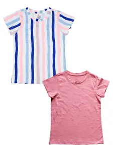KiddoPanti Girls White & Pink Pack Of 2 Striped T-shirt