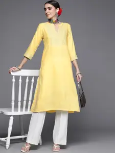 Biba Women Yellow Geometric Yoke Design Thread Work Kurta