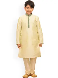 Manyavar Boys Beige & Lime Green Solid Kurta with Churidar