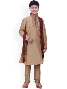 Manyavar Boys Cream-Coloured Yoke Design Empire Kurta with Churidar