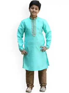 Manyavar Boys Turquoise Blue Yoke Design Kurta with Pyjamas