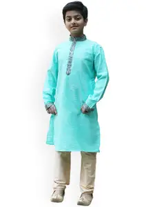 Manyavar Boys Turquoise Blue Solid Gotta Patti Kurta with Churidar