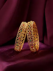 VIRAASI Set Of 2 Gold-Plated & Green Stone Studded Bangles