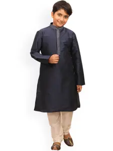 Manyavar Boys Navy Blue Solid Silk Blend Kurta with Pyjamas